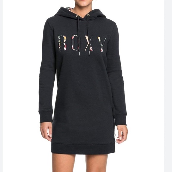 [S]Roxy Black Hoodie Dress Tunic with Vibrant Patterned Pocket - Picture 8 of 8